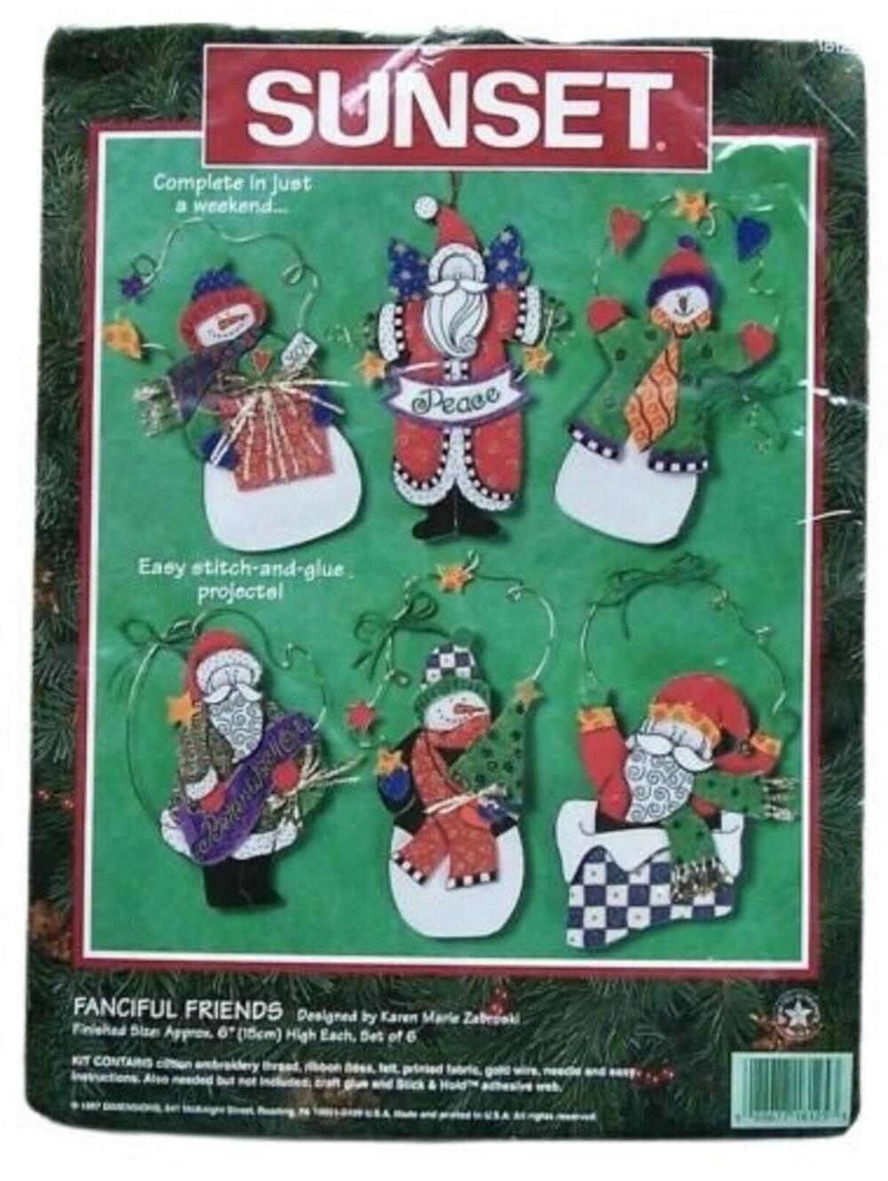 Sunset Fanciful Friends Christmas Ornament Sewing Kit Santa and Snowmen 18125